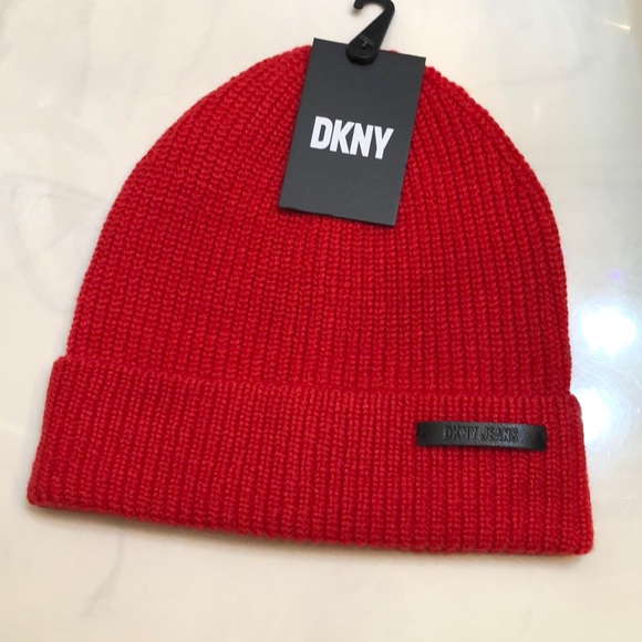 DKNY Ribbed Knit Cuffed Beanie Hat Color Scarlet Red Logo Accent OS NWT - Picture 7 of 15